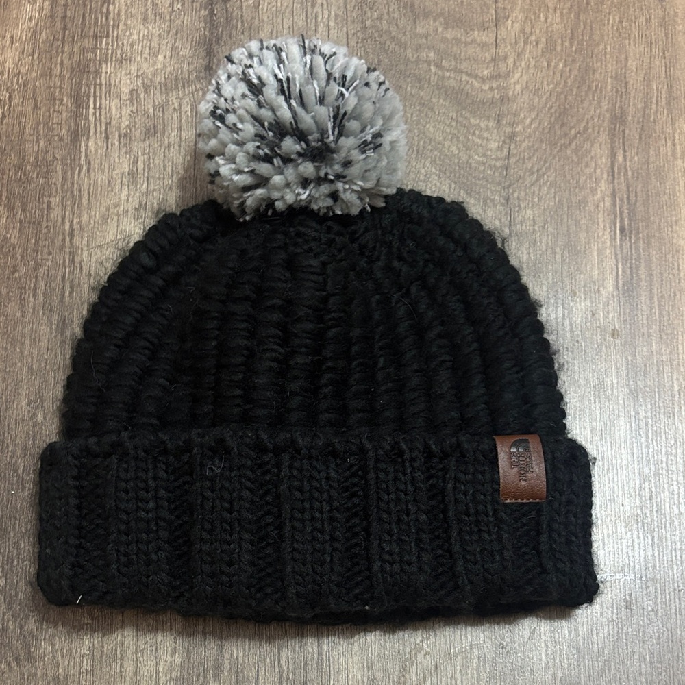 The North Face Black Knit Beanie with Gray Pom-Pom